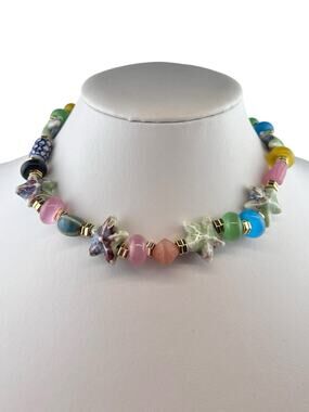 Anthropologie Pajarolimon Ibiza Beaded Necklace Glass, Stone, Ceramic 16.25"